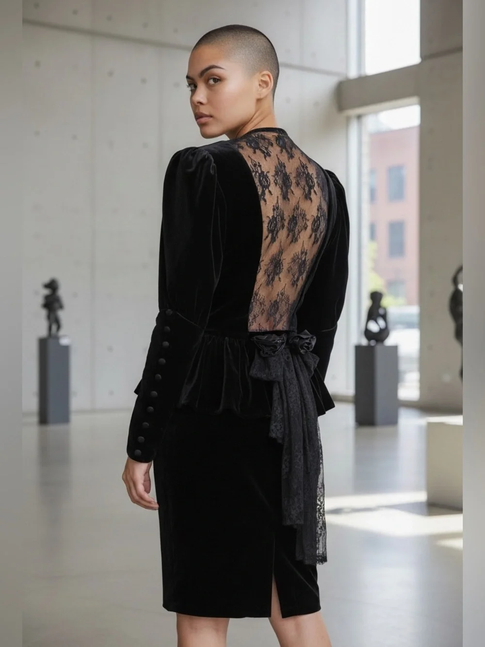 80s 2PC GOTH BLACK VELVET FITTED PEPLUM JACKET W LACE BACK INSERT & PENCIL SKIRT